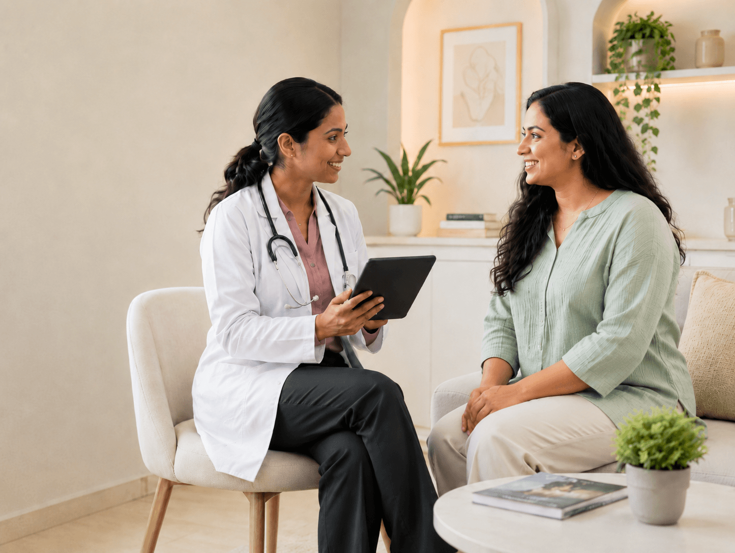 A physician consulting with a patient at Meta Glow